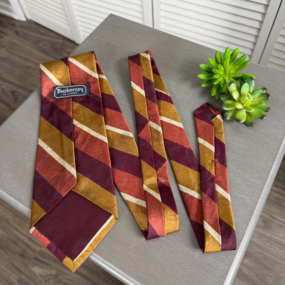 Burberry Vintage Silk Neck Tie Burgundy Orange Gold Striped